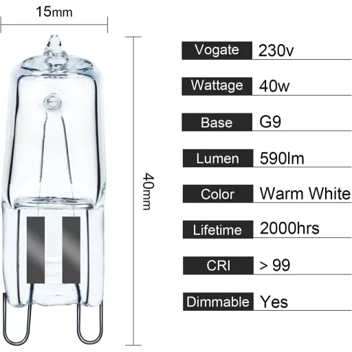 GMY Halogén G9 40W 230V Sütő és Mikrohullámú Sütő Izzó 300°C Hőtűrő 4db