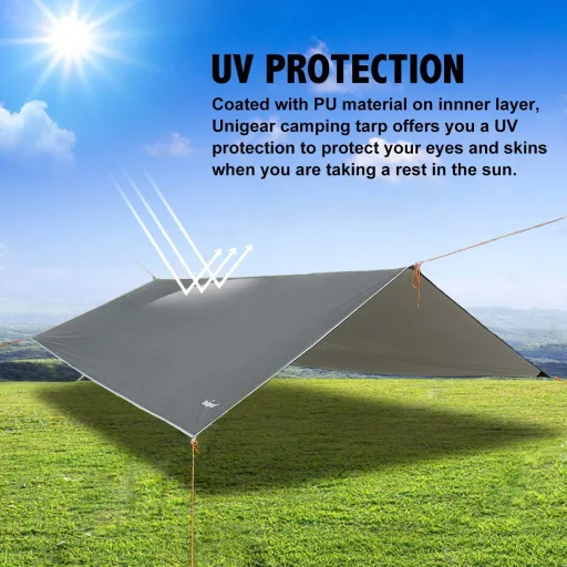 Prelată Impermeabilă Unigear 3x3m Verde Militar, Protecție UV, Pentru Hamac, Camping, Drumeții, 6 Picheți, 6 Corzi