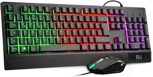 Rii RGB Gamer Billentyűzet és Egér Szett, Vízálló USB Klaviatúra, Háttérvilágítás, QWERTZ Német Kiosztás, 3200 DPI, PC/Mac Kompatibilis