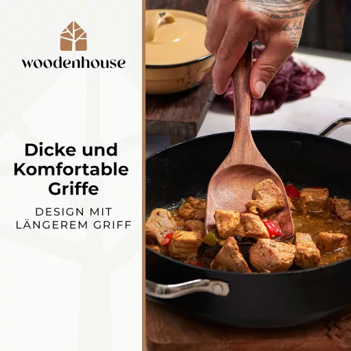 Woodenhouse 8 részes teakfa konyhai eszközkészlet tartóval, kanáltartóval és akasztókkal - Tapadásmentes főzőeszközök