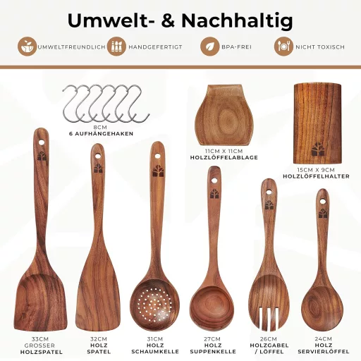Set de 8 ustensile de bucătărie din lemn de tec Woodenhouse cu suport, suport pentru lingură și cârlige - Ustensile de gătit antiaderente