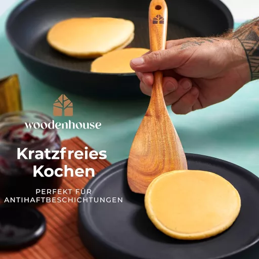 Woodenhouse 8 részes teakfa konyhai eszközkészlet tartóval, kanáltartóval és akasztókkal - Tapadásmentes főzőeszközök