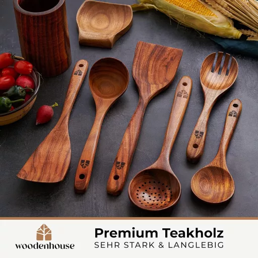 Woodenhouse 8 részes teakfa konyhai eszközkészlet tartóval, kanáltartóval és akasztókkal - Tapadásmentes főzőeszközök
