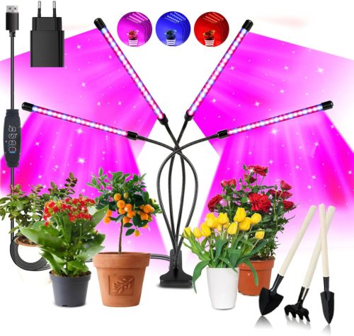Niello Lampă LED pentru plante cu 80 LED-uri - Lampă de creștere a plantelor cu spectru complet, 10 niveluri de luminozitate, 3 moduri, 4 brațe și cronometru pentru grădinărit