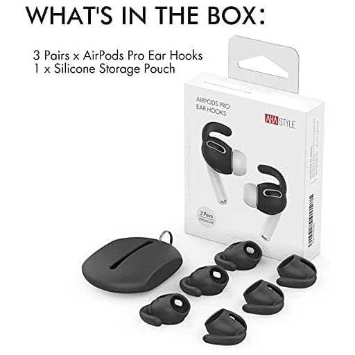 AhaStyle 3 perechi cârlige pentru urechi AirPods Pro, negre + husă de depozitare, compatibile Apple