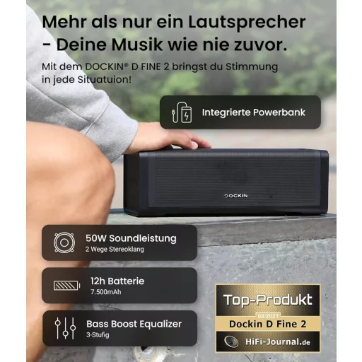DOCKIN D FINE+ 2 Bluetooth reproduktor, 50W, IPX5 vodeodolný, 16-hodinová výdrž batérie, s funkciou powerbanky, 3 DSP ekvalizéry, čierny
