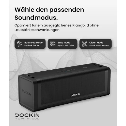 DOCKIN D FINE+ 2 Bluetooth Hangszóró, 50W, IPX5 Vízálló, 16 Órás Üzemidő, Powerbank Funkcióval, 3 DSP Hangszínszabályzóval, Fekete