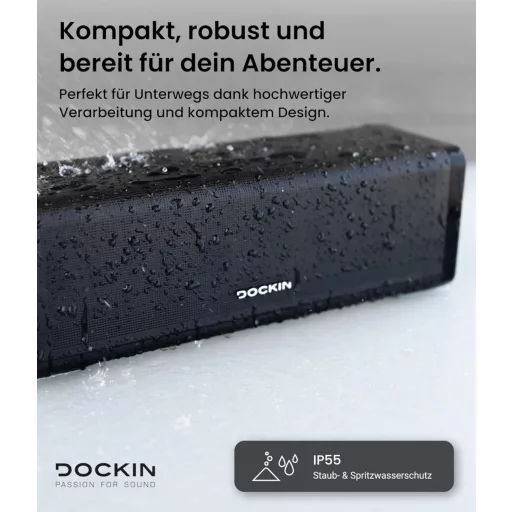 DOCKIN D FINE+ 2 Bluetooth Hangszóró, 50W, IPX5 Vízálló, 16 Órás Üzemidő, Powerbank Funkcióval, 3 DSP Hangszínszabályzóval, Fekete