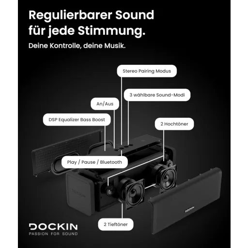 DOCKIN D FINE+ 2 Bluetooth Hangszóró, 50W, IPX5 Vízálló, 16 Órás Üzemidő, Powerbank Funkcióval, 3 DSP Hangszínszabályzóval, Fekete