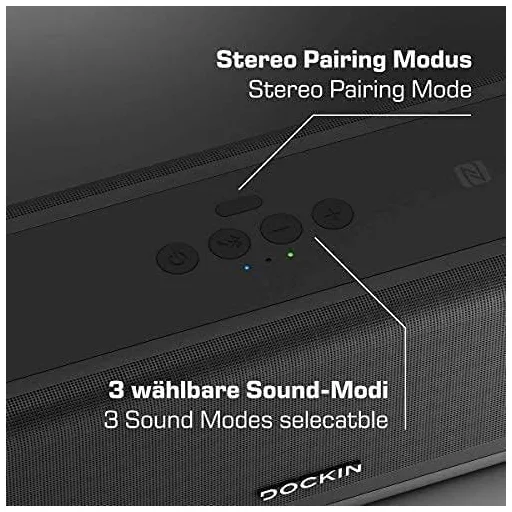DOCKIN D FINE+ 2 Bluetooth Hangszóró, 50W, IPX5 Vízálló, 16 Órás Üzemidő, Powerbank Funkcióval, 3 DSP Hangszínszabályzóval, Fekete