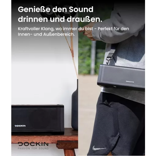 DOCKIN D FINE+ 2 Bluetooth Hangszóró, 50W, IPX5 Vízálló, 16 Órás Üzemidő, Powerbank Funkcióval, 3 DSP Hangszínszabályzóval, Fekete