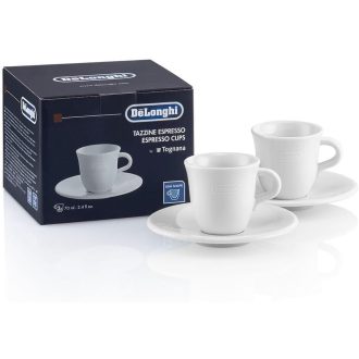   De'Longhi DLSC308 Porcelain Espresso Cups Set - 2 Handmade Ceramic Cups with Saucers, Microwave & Dishwasher Safe, 70 ml, White