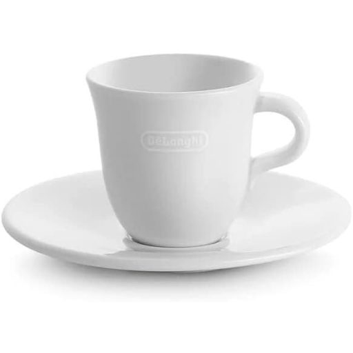 De'Longhi DLSC308 Porcelain Espresso Cups Set - 2 Handmade Ceramic Cups with Saucers, Microwave & Dishwasher Safe, 70 ml, White