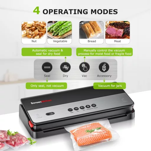 Bonsenkitchen VS3017A Mașină de Vidat 4 în 1 - Pentru Alimente Uscate și Umede, Gătit Sous Vide, cu Cutter Încorporat