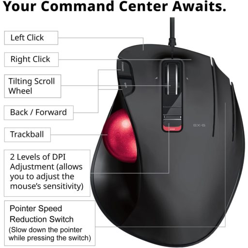 Mouse trackball ergonomic cu fir ELECOM EX-G, cu bilă roșie, 5 butoane