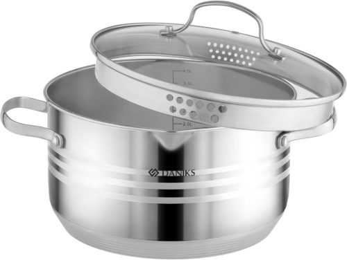 Oală Daniks Tokio din inox de 4,26 litri, cu suprafață lustruită, culoare argintie, diametru de 22 cm, pentru plite cu inducție.