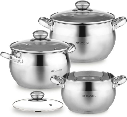 Oală de gătit Daniks Classic din oțel inoxidabil cu capac de sticlă, 9 litri, argintie, lavabilă în mașina de spălat vase, cratiță de bucătărie cu înveliș ceramic.