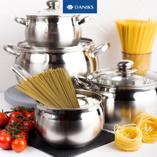 Daniks Classic rozsdamentes acél főzőedény üvegfedővel, 1.9 - 2.9 - 3.9 literes, ezüst, mosogatógépben mosható, kerámiabevonatú konyhai fazekak