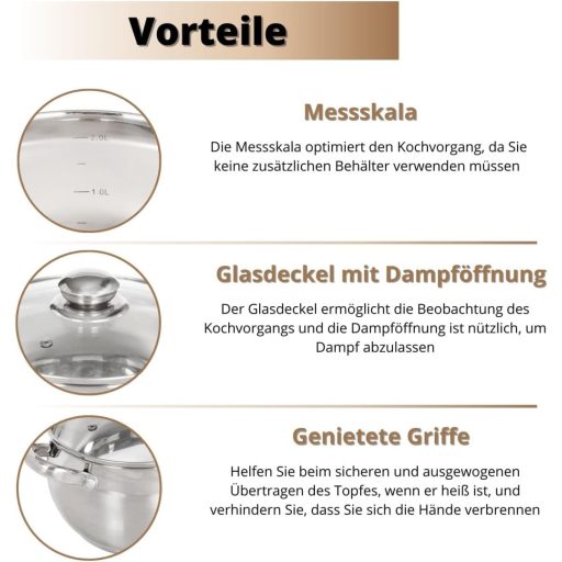 Daniks Classic rozsdamentes acél főzőedény üvegfedővel, 1.9 - 2.9 - 3.9 literes, ezüst, mosogatógépben mosható, kerámiabevonatú konyhai fazekak