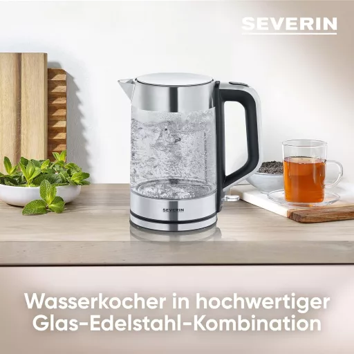 Severin üveg vízforraló rozsdamentes acél, 1.7L, 2200W, egy kézzel kezelhető