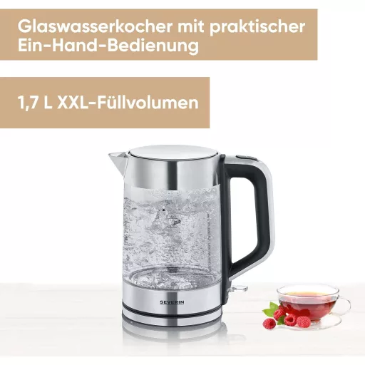 Severin üveg vízforraló rozsdamentes acél, 1.7L, 2200W, egy kézzel kezelhető