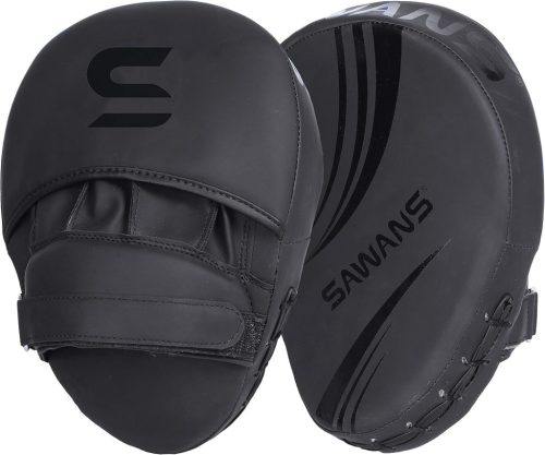 SAWANS Bőr Box Edzőpajzs - Fekete Ívelt Ütőpárna Tépőzáras Rögzítéssel, MMA, Kickbox, Muay Thai Edzéshez, Felnőtteknek