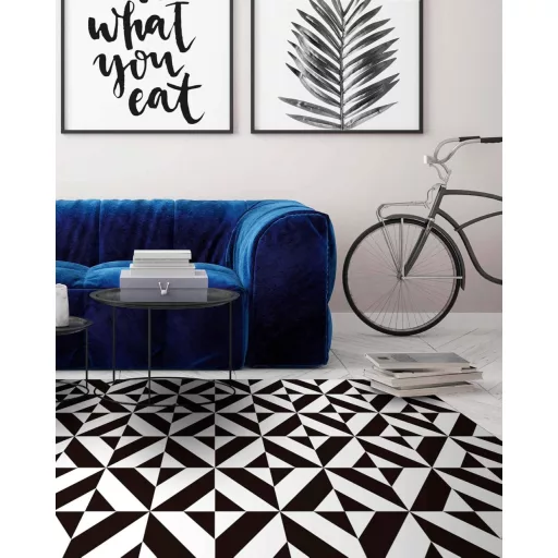Covor vinilic panoramic, geometric negru, 80x150 cm - Lavabil, antiderapant, pentru bucătărie, fabricat în Spania