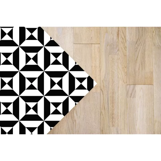 Covor vinilic panoramic, geometric negru, 80x150 cm - Lavabil, antiderapant, pentru bucătărie, fabricat în Spania