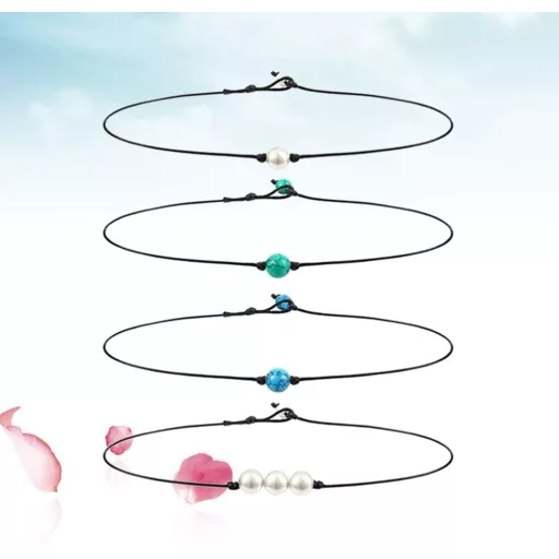 Set de 4 coliere din piele cu piatră turcoaz, bijuterii artizanale pentru femei Happyyami
