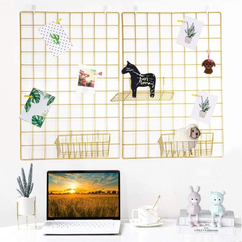 Set panouri decorative metalice aurii GBYAN - 2 buc. 65x45cm, panou foto cu lumini, clești și agățători - Suport DIY pentru fotografii, tablă de mesaje