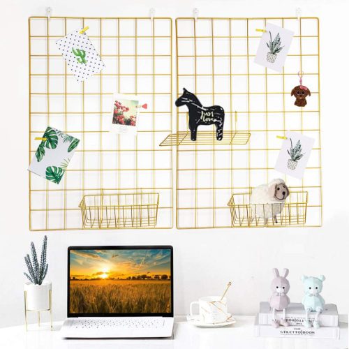 Set panouri decorative metalice aurii GBYAN - 2 buc. 65x45cm, panou foto cu lumini, clești și agățători - Suport DIY pentru fotografii, tablă de mesaje
