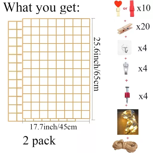 GBYAN Arany Fali Rácspanel Szett - 2db 65x45cm Fém Fotófal Dekoráció Világítással, Csipeszekkel és Akasztókkal - DIY Képtartó, Üzenőfal