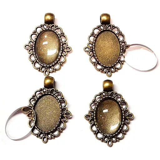 Perlin készlet 4 fém medál 18 x 13 mm-es ovális átlátszó üveg Cabochon kerettel