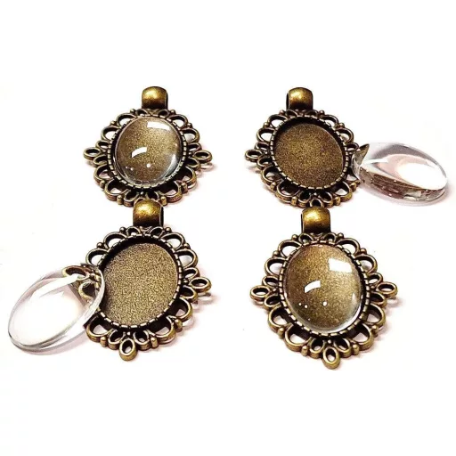 Perlin készlet 4 fém medál 18 x 13 mm-es ovális átlátszó üveg Cabochon kerettel