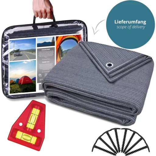 Covor camping Smartpeas 250x250cm - Albastru/Gri, Covor preș Cort cu Ocheți din Oțel Inoxidabil - Impermeabil, Lavabil, Covor de Exterior HDPE