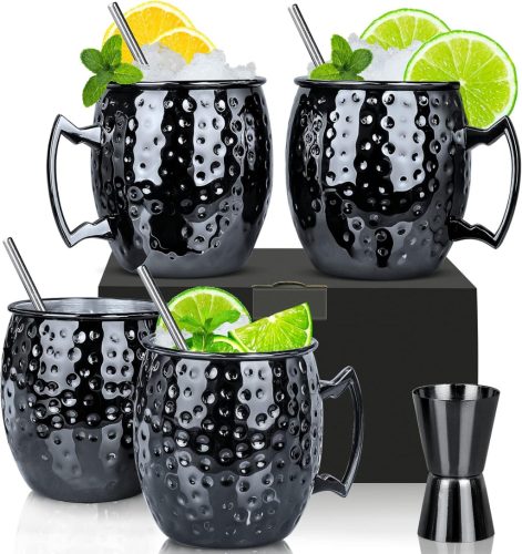 Set Moscow Mule SuproBarware - 4 Pahare Cocktail Negre Metalice (550 ml) cu Paie și Jigger - Servire Premium Băuturi, Fabricat Manual