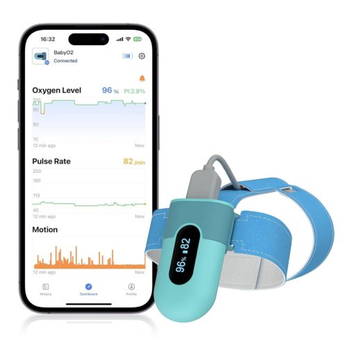 Wellue Baby O2 Pulzoximéter Csecsemőknek - Folyamatos Oxigénszint és Pulzusmérő, Bluetooth Riasztással, Ingyenes Alkalmazással, Kék