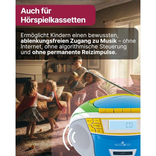 SCHWAIGER 661644 CD-lejátszó kazettás és MP3-rádióval, USB-vel, FM-rádióval, AUX-csatlakozóval, fejhallgatóval, hálózati és akkumulátoros tápellátással, hordozható kijelzővel, többszínű