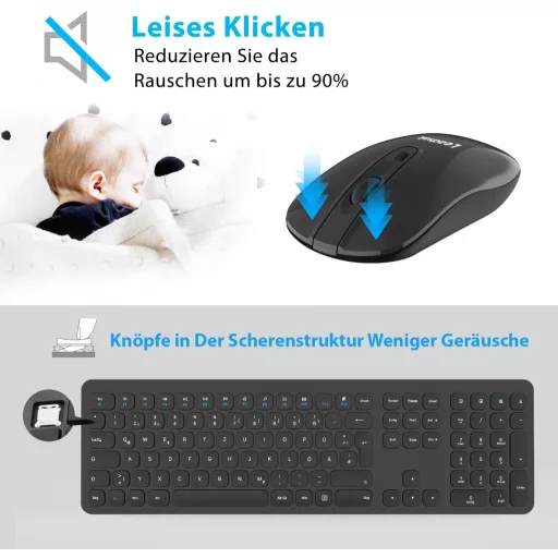 LeadsaiL Wireless Billentyűzet és Egér Szett, 2.4G QWERTZ Német Kiosztás