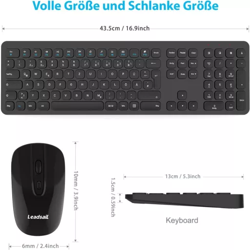 LeadsaiL Wireless Billentyűzet és Egér Szett, 2.4G QWERTZ Német Kiosztás