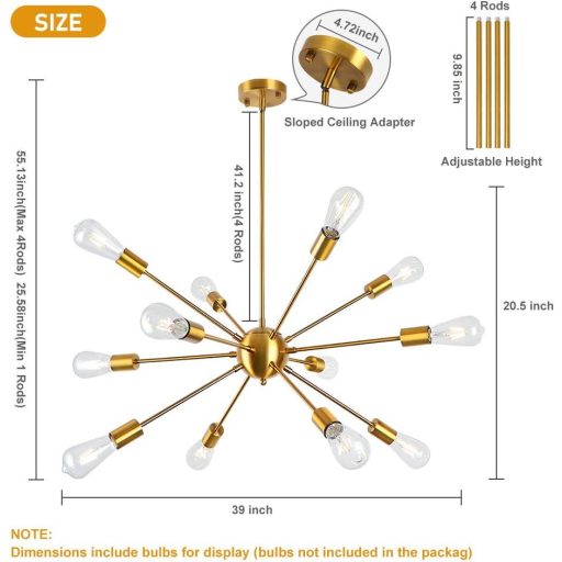 LynPon Lustră Modernă Sputnik - Lampă de Tavan cu Înălțime Ajustabilă, Aurie, cu 12 Becuri, Pendul Retro pentru Living, Bucătărie, Sufragerie