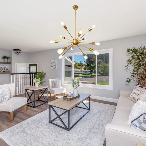 LynPon Lustră Modernă Sputnik - Lampă de Tavan cu Înălțime Ajustabilă, Aurie, cu 12 Becuri, Pendul Retro pentru Living, Bucătărie, Sufragerie