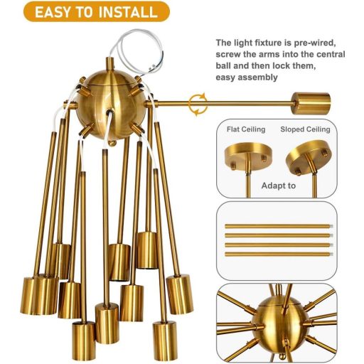 LynPon Lustră Modernă Sputnik - Lampă de Tavan cu Înălțime Ajustabilă, Aurie, cu 12 Becuri, Pendul Retro pentru Living, Bucătărie, Sufragerie