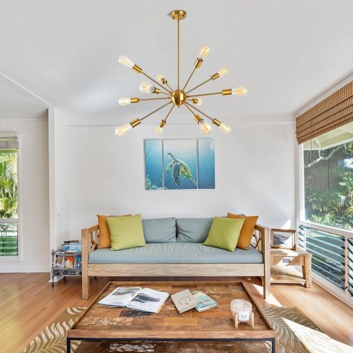 LynPon Lustră Modernă Sputnik - Lampă de Tavan cu Înălțime Ajustabilă, Aurie, cu 12 Becuri, Pendul Retro pentru Living, Bucătărie, Sufragerie