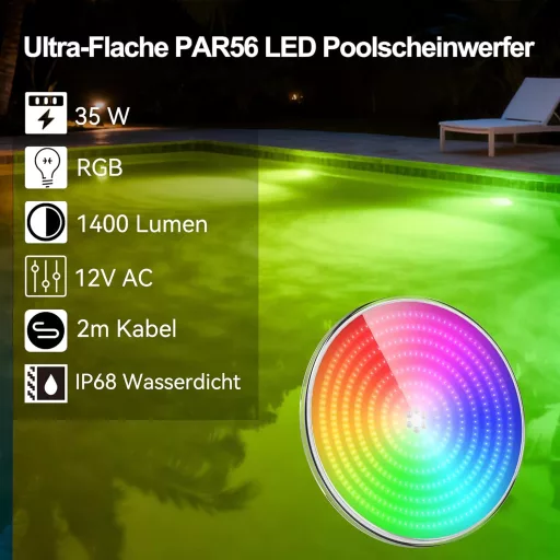 LyLmLe 35W RGB LED medence lámpa PAR56, IP68 vízálló, 2 db, távirányítóval