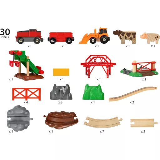 Set Trenuleț de Lemn BRIO Farmă 33984 - Căi Ferate cu Animale și Șine, Jucărie de Dezvoltare de la 3 Ani, 30 de Piese