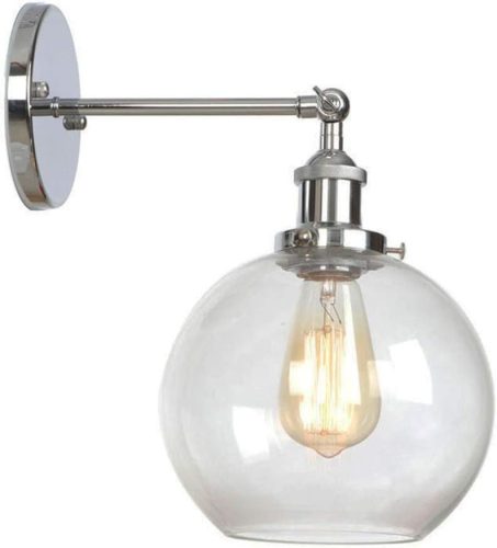 HJXDtech Lampă de Perete Industrială Vintage - Suport Cromat, Abajur din Sticlă Transparentă, Soclu E27, 40W, Impermeabilă, Design Glob pentru Baie, Hol
