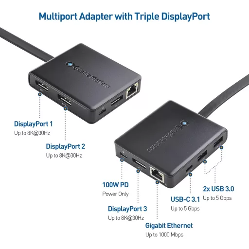 Cable Matters USB-C Hub 3 Monitor 4K DisplayPort Dock Ethernet 100W