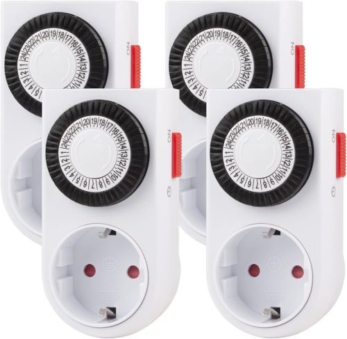 HBN Mechanikus Időzítő Konnektor 16A/3680W - Gyerekzáras, 4 db-os Szett, 24 Órás Program, Beltéri Analóg Időkapcsoló Lámpákhoz, 30 Perces Ka