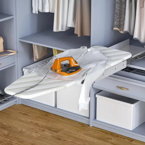 Ybaymy Masă de călcat pliabilă, rotativă 180°, extensibilă, cu sertar, pentru dulap, spălătorie, economie de spațiu, 95x30x9 cm